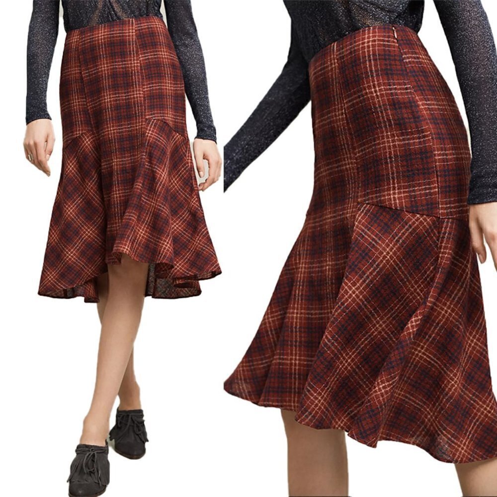 NWT Anthropologie Maeve Crimson Plaid Wool Flounce Hem Midi Skirt Women's 4